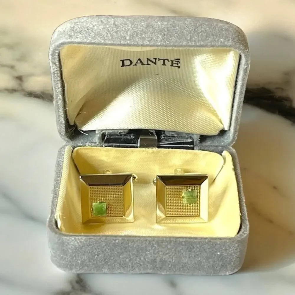 Vintage Dante Cufflinks Gold Tone Jade Stone Crosshatch Barrel Box Signed